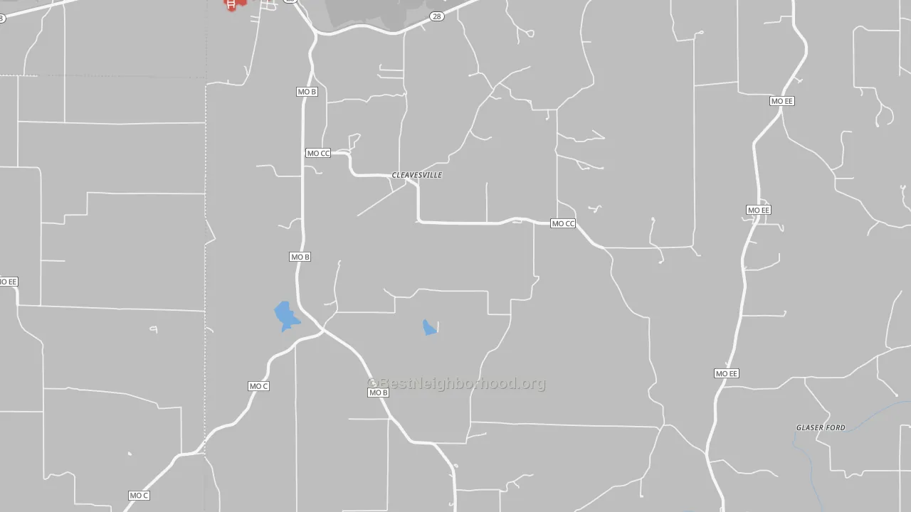 Walk Grade map of Cleavesville, MO, walkable areas in green and car-dependent areas in red