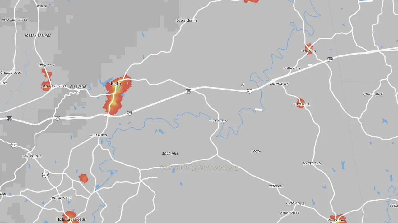 Walk Grade map of Cleburne County, AL, walkable areas in green and car-dependent areas in red