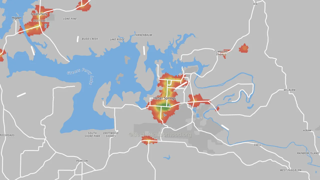 Walk Grade map of Cleburne County, AR, walkable areas in green and car-dependent areas in red