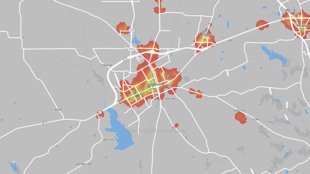 Walk Grade map of Cleburne, TX, walkable areas in green and car-dependent areas in red