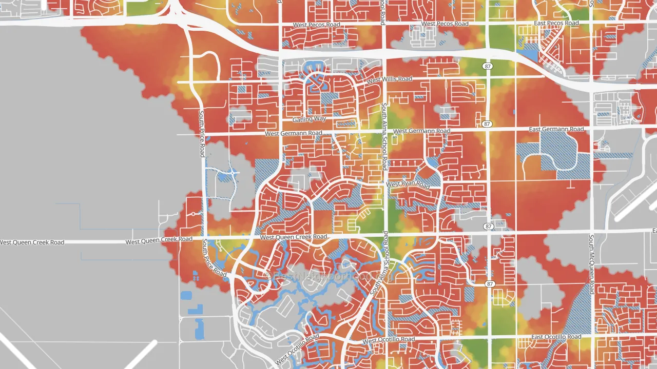 Walk Grade map of Clemente Ranch, Chandler, AZ, walkable areas in green and car-dependent areas in red
