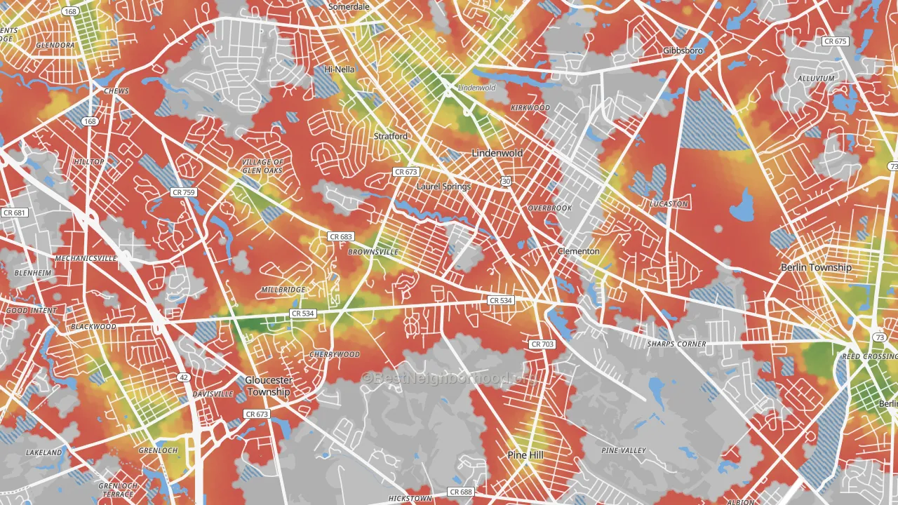 Walk Grade map of Clementon, NJ, walkable areas in green and car-dependent areas in red
