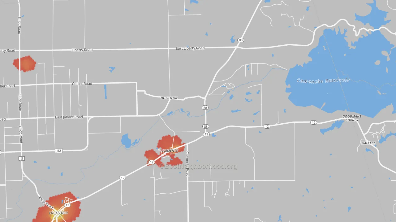 Walk Grade map of Clements, CA, walkable areas in green and car-dependent areas in red