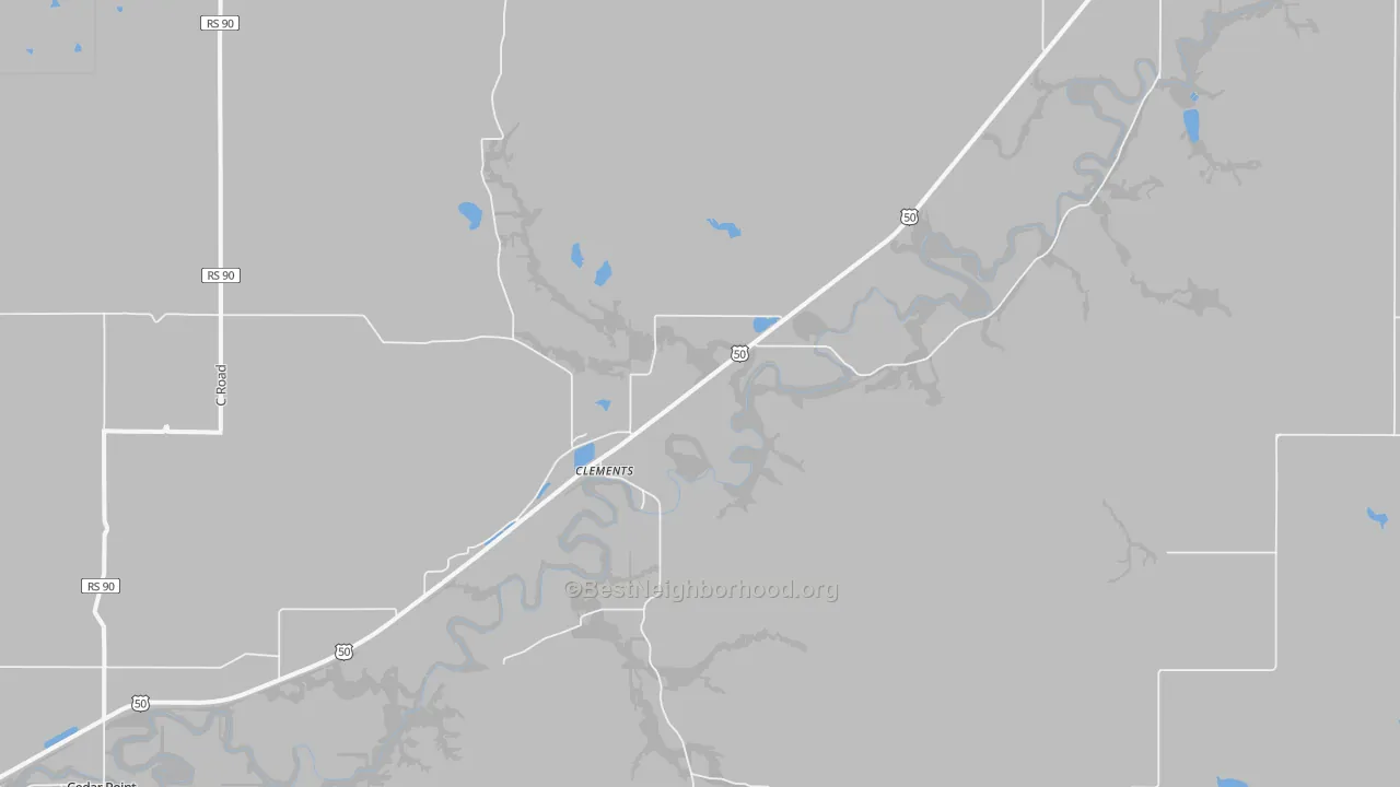 Walk Grade map of Clements, KS, walkable areas in green and car-dependent areas in red
