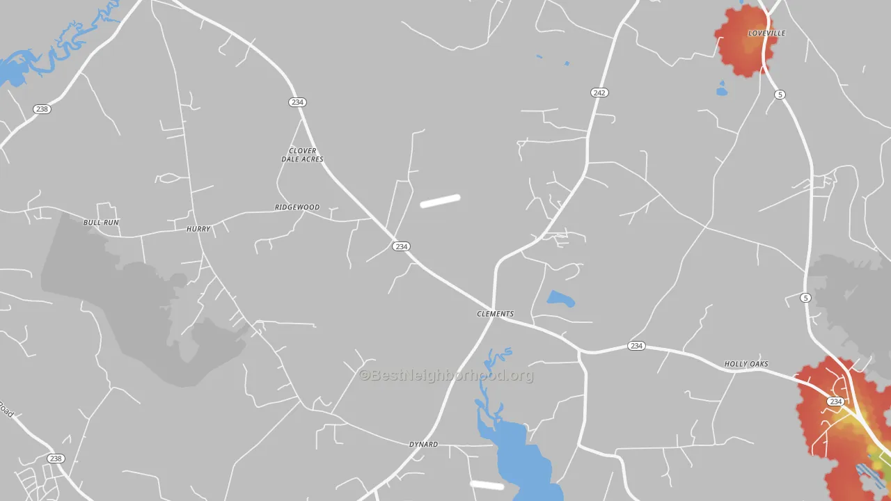 Walk Grade map of Clements, MD, walkable areas in green and car-dependent areas in red