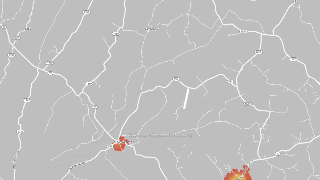 Walk Grade map of Clementsville, KY, walkable areas in green and car-dependent areas in red