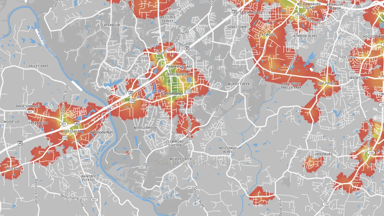 Walk Grade map of Clemmons, NC, walkable areas in green and car-dependent areas in red
