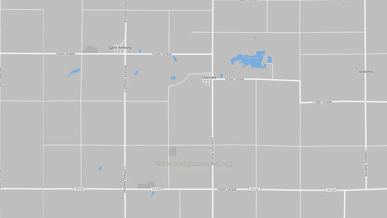 Walk Grade map of Clemons, IA, walkable areas in green and car-dependent areas in red