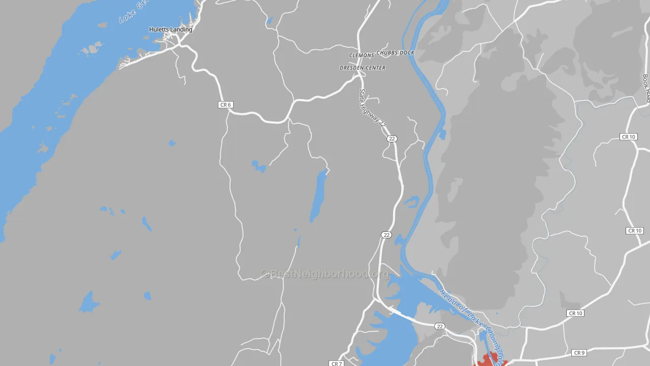Walk Grade map of Clemons, NY, walkable areas in green and car-dependent areas in red