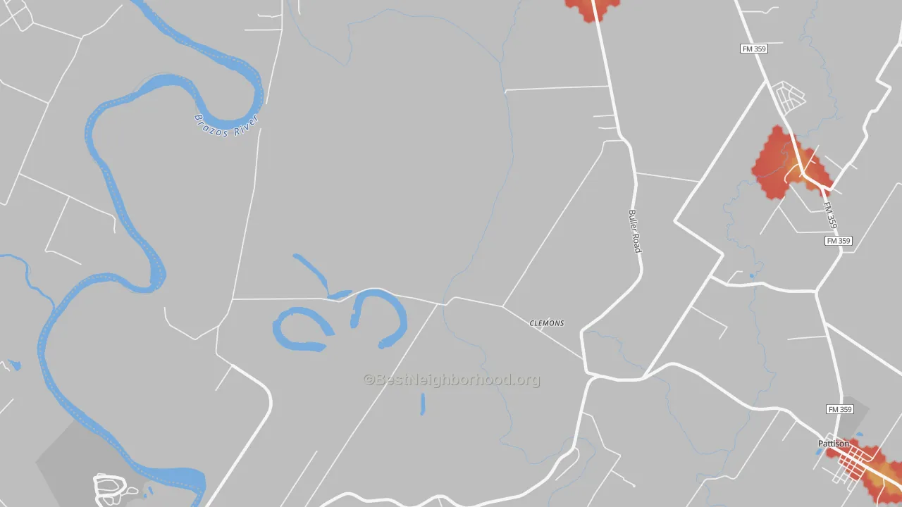 Walk Grade map of Clemons, TX, walkable areas in green and car-dependent areas in red