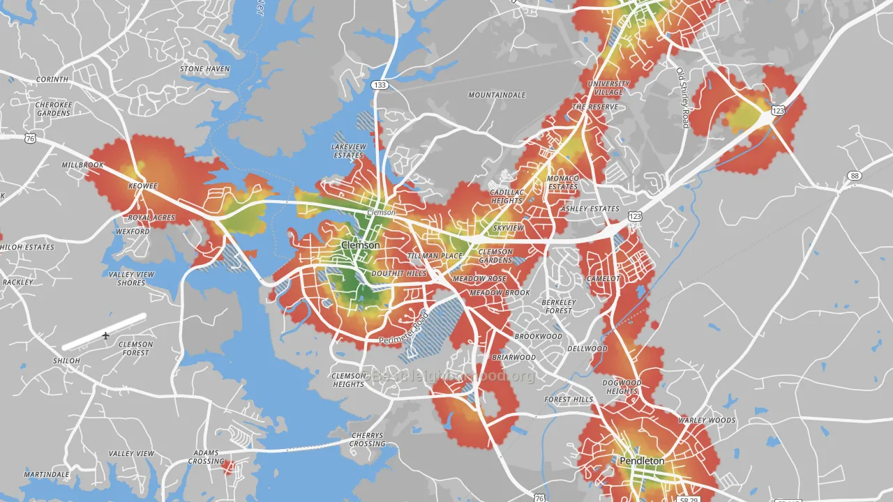 Walk Grade map of Clemson, SC, walkable areas in green and car-dependent areas in red
