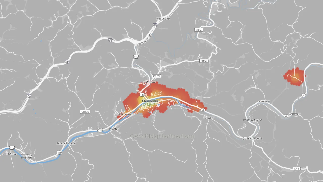 Walk Grade map of Clendenin, WV, walkable areas in green and car-dependent areas in red