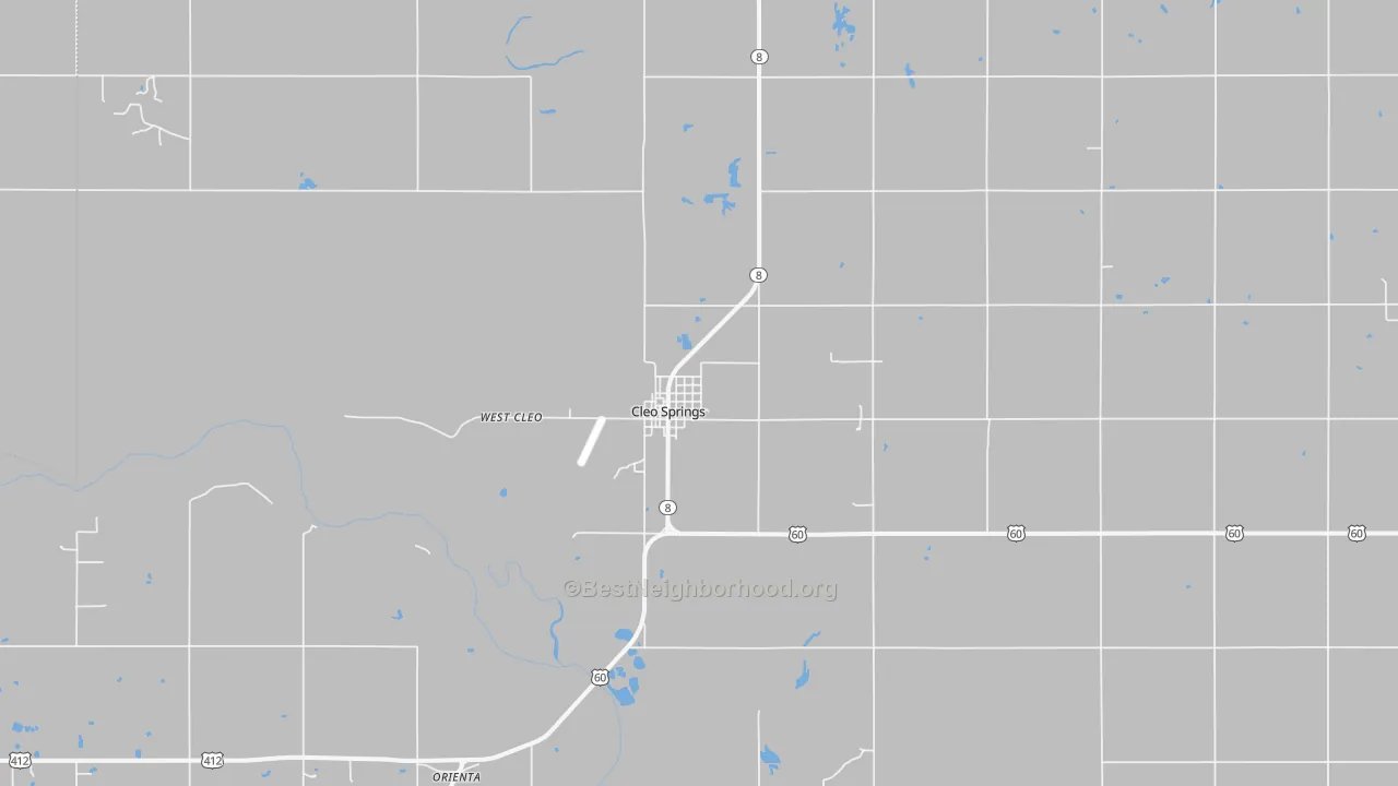 Walk Grade map of Cleo Springs, OK, walkable areas in green and car-dependent areas in red