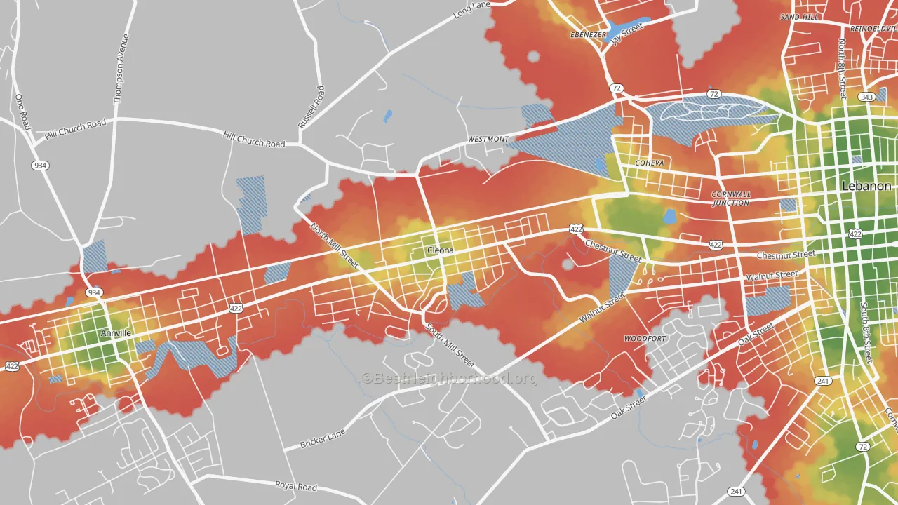 Walk Grade map of Cleona, PA, walkable areas in green and car-dependent areas in red