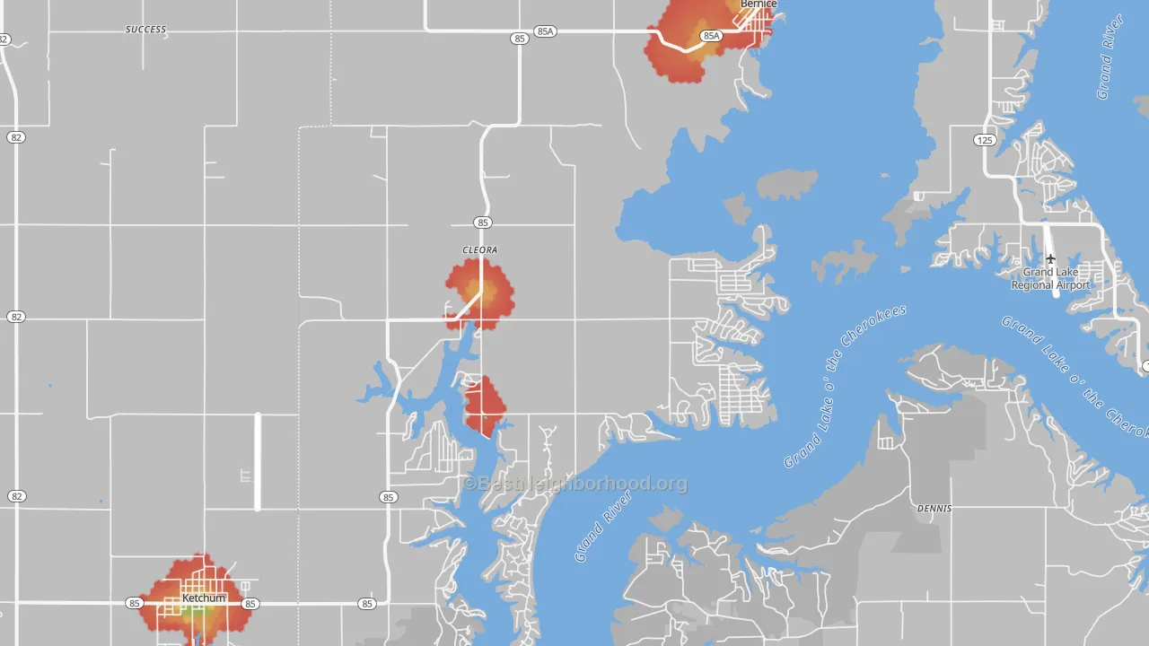 Walk Grade map of Cleora, OK, walkable areas in green and car-dependent areas in red