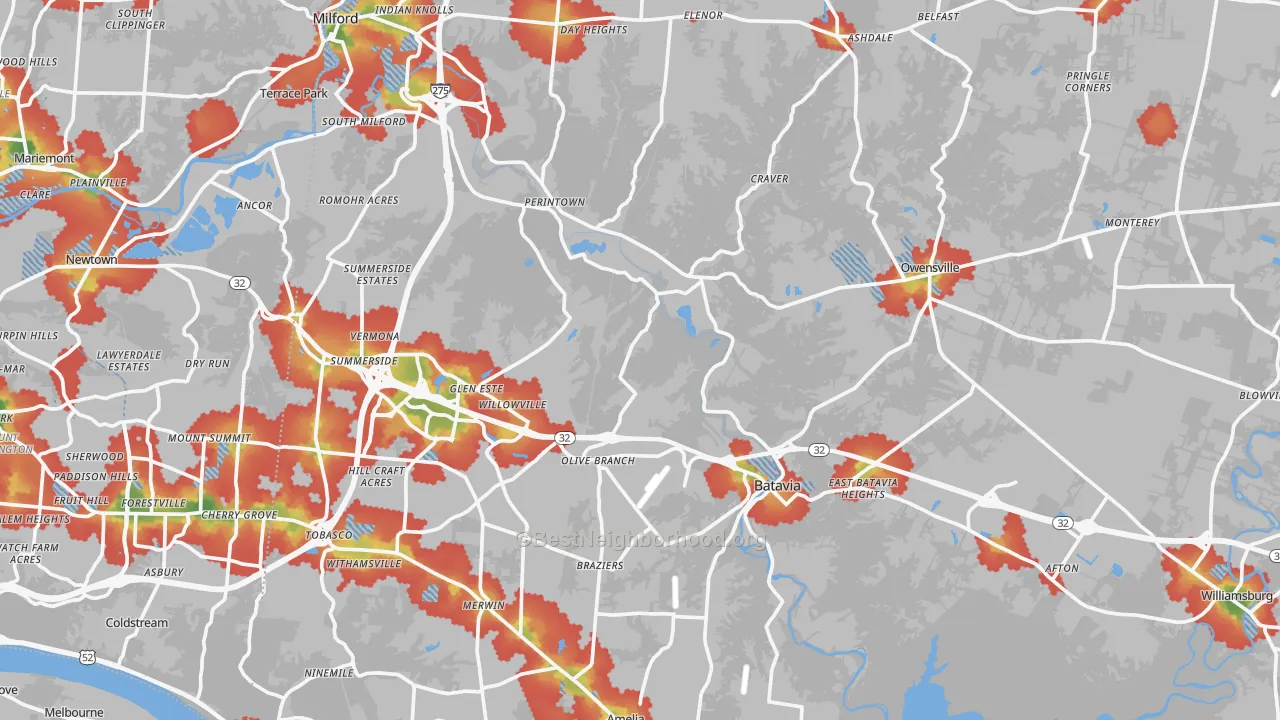 Walk Grade map of Clermont County, OH, walkable areas in green and car-dependent areas in red