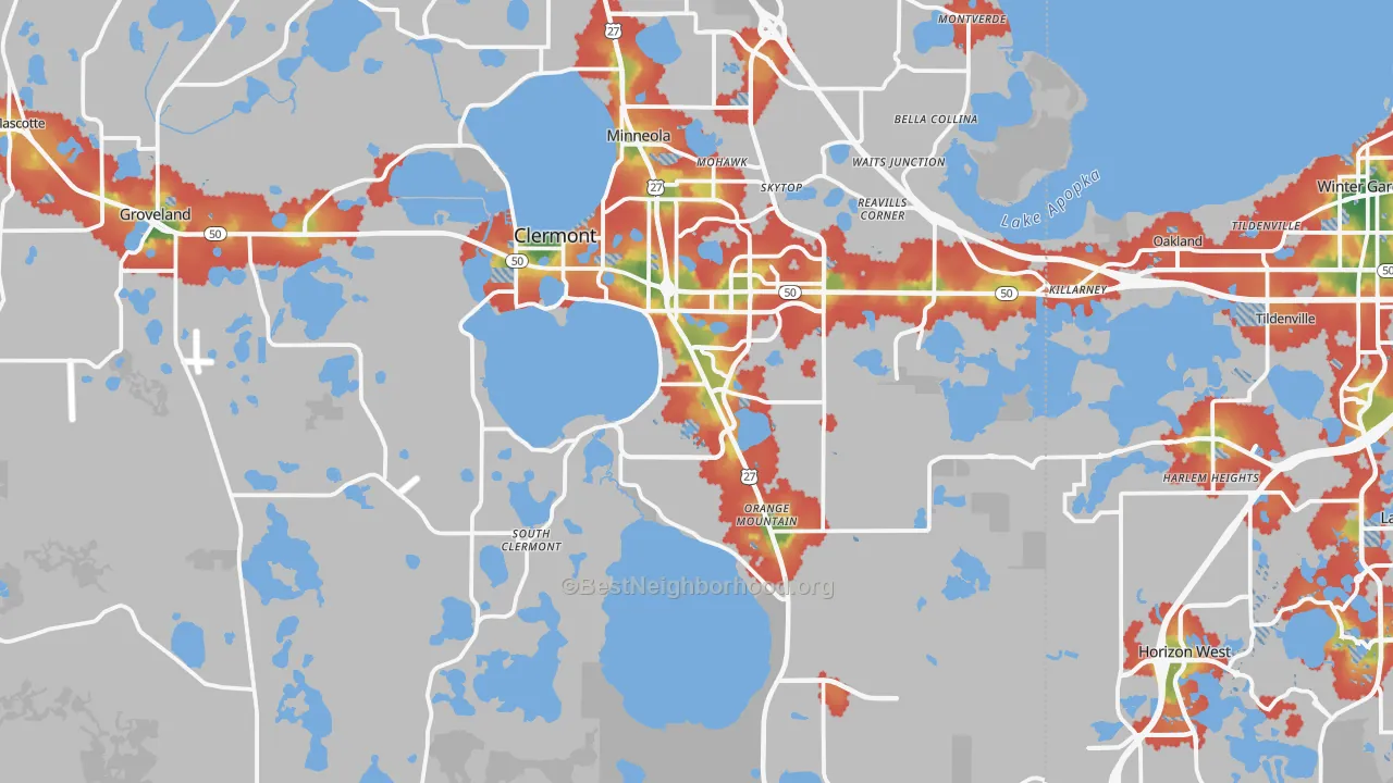 Walk Grade map of Clermont, FL, walkable areas in green and car-dependent areas in red