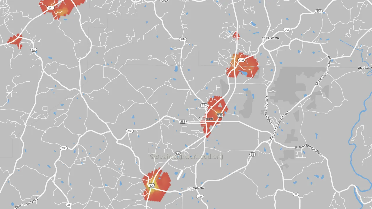 Walk Grade map of Clermont, GA, walkable areas in green and car-dependent areas in red