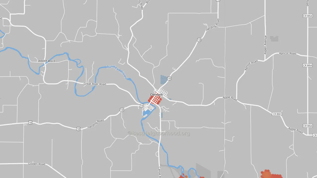 Walk Grade map of Clermont, IA, walkable areas in green and car-dependent areas in red