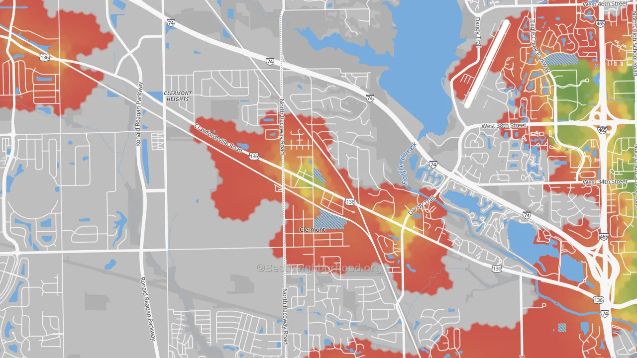 Walk Grade map of Clermont, IN, walkable areas in green and car-dependent areas in red