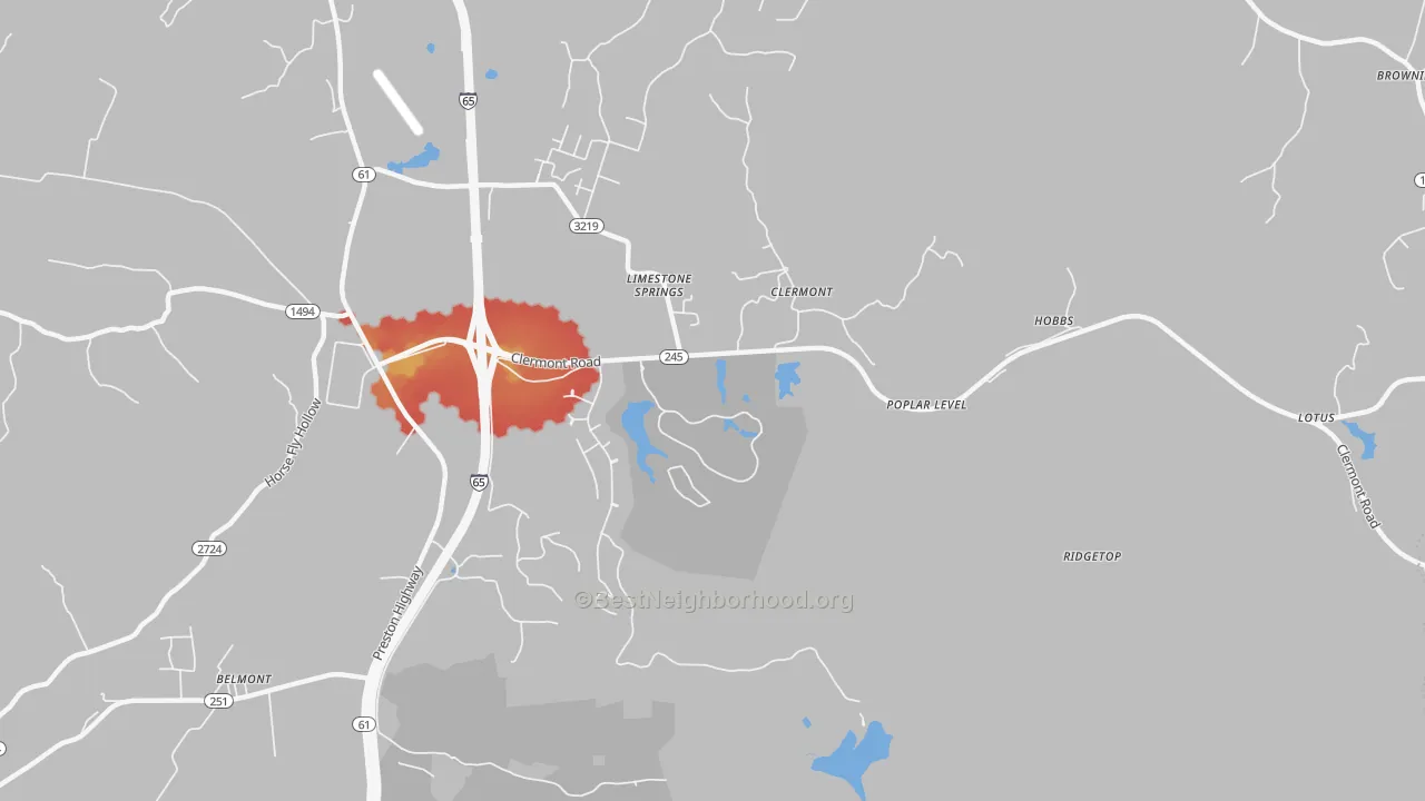 Walk Grade map of Clermont, KY, walkable areas in green and car-dependent areas in red