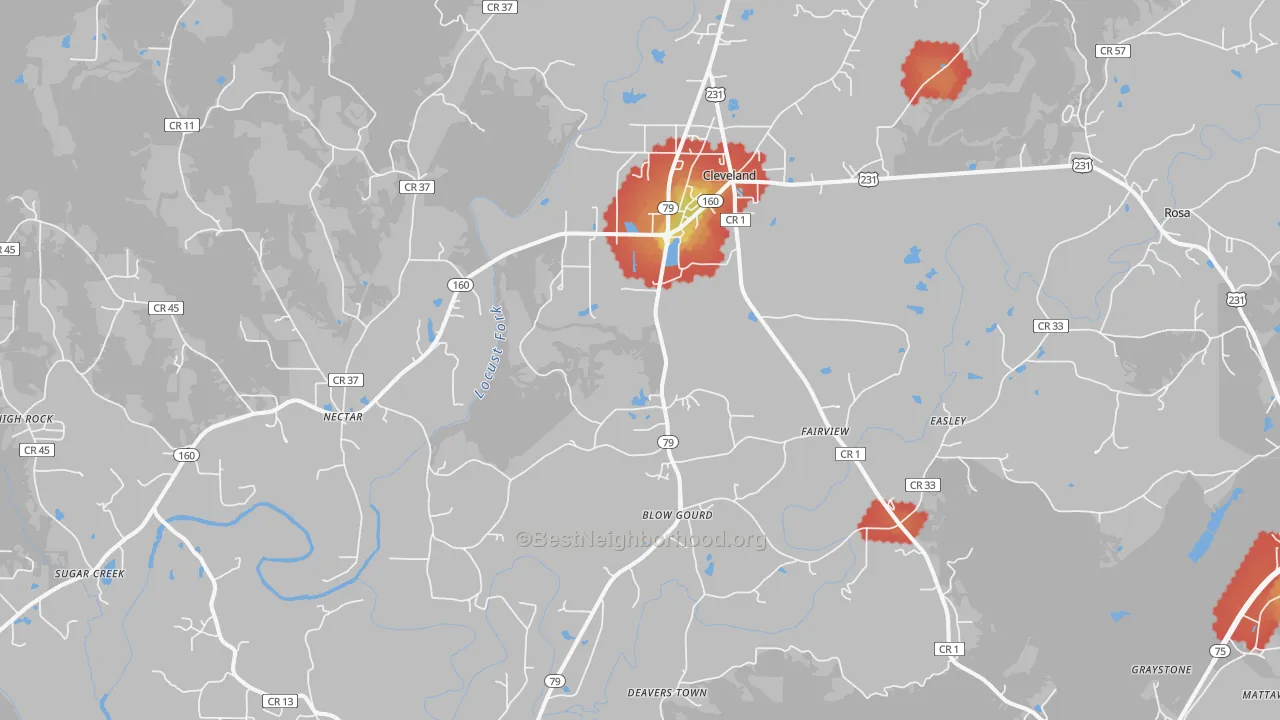 Walk Grade map of Cleveland, AL, walkable areas in green and car-dependent areas in red