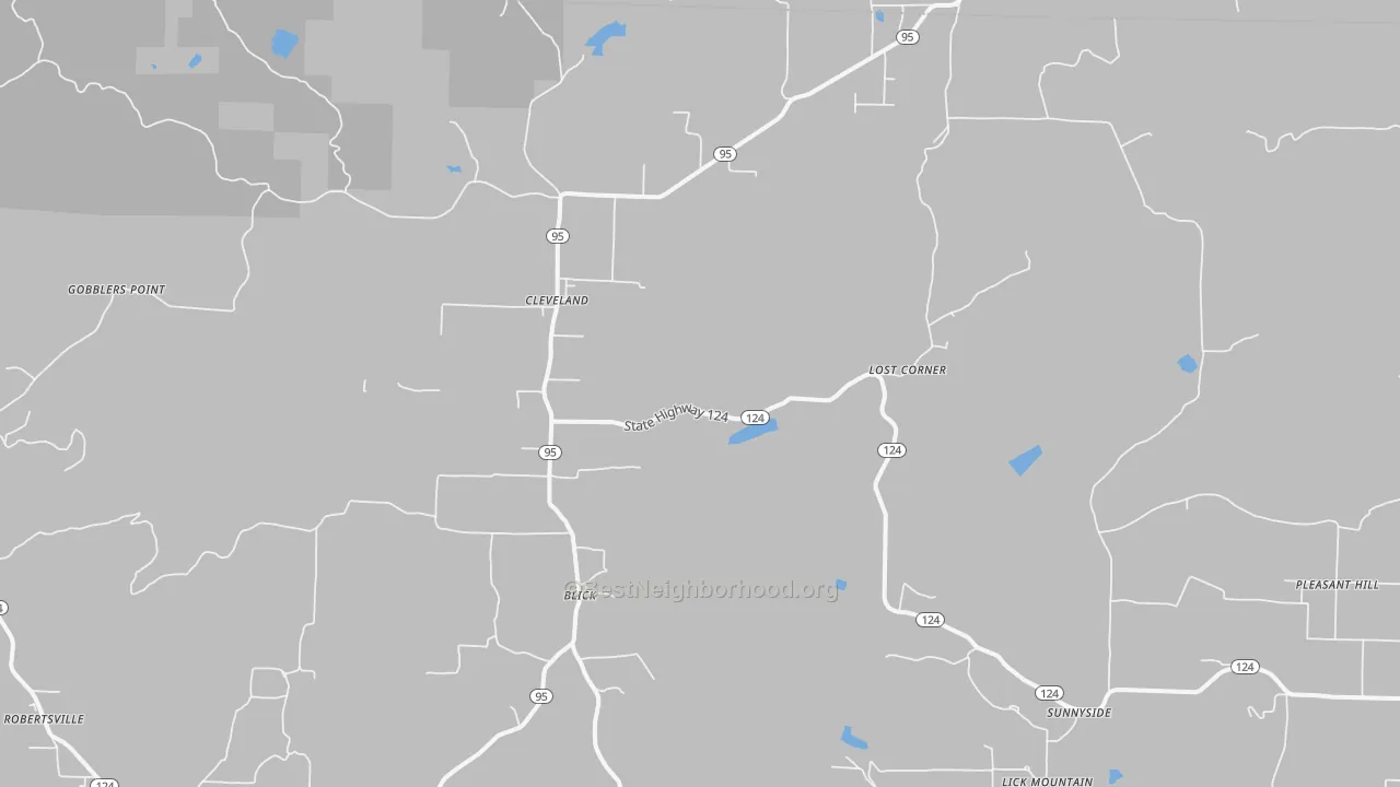 Walk Grade map of Cleveland, AR, walkable areas in green and car-dependent areas in red