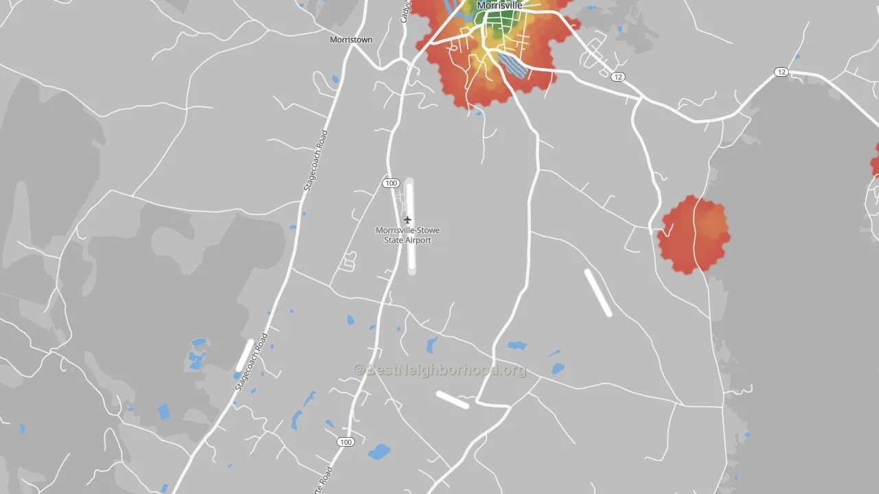 Walk Grade map of Cleveland Corner, VT, walkable areas in green and car-dependent areas in red