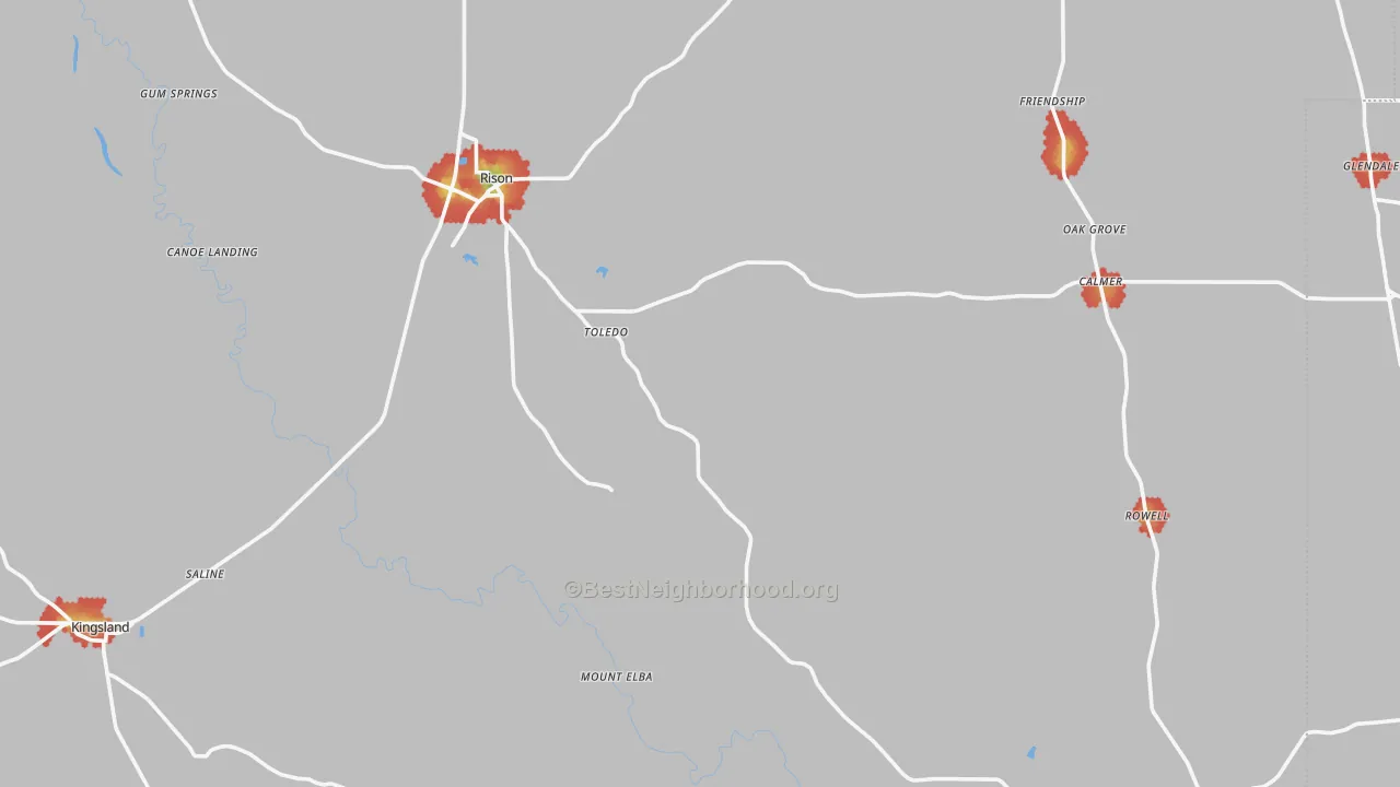 Walk Grade map of Cleveland County, AR, walkable areas in green and car-dependent areas in red