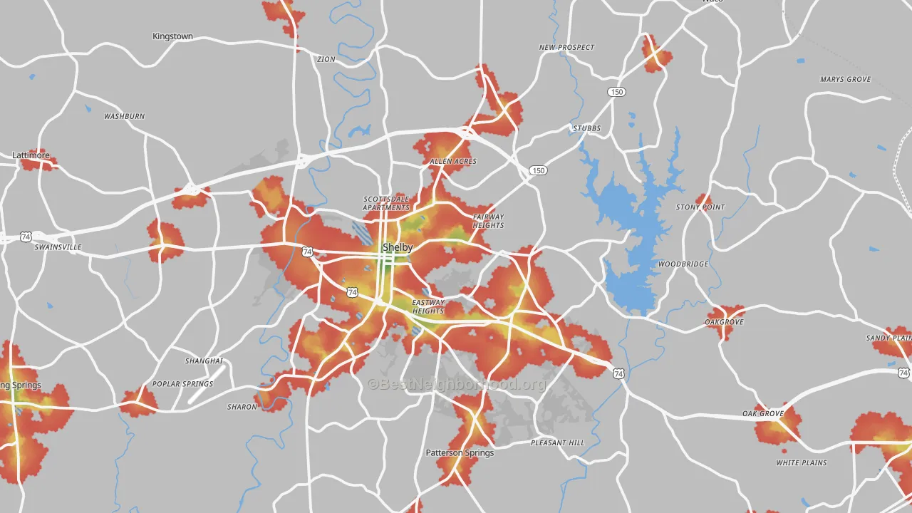 Walk Grade map of Cleveland County, NC, walkable areas in green and car-dependent areas in red