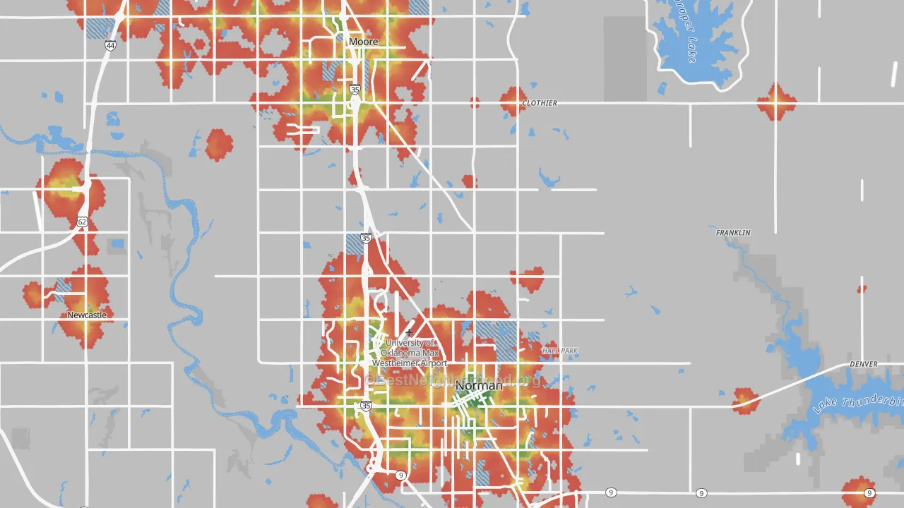 Walk Grade map of Cleveland County, OK, walkable areas in green and car-dependent areas in red