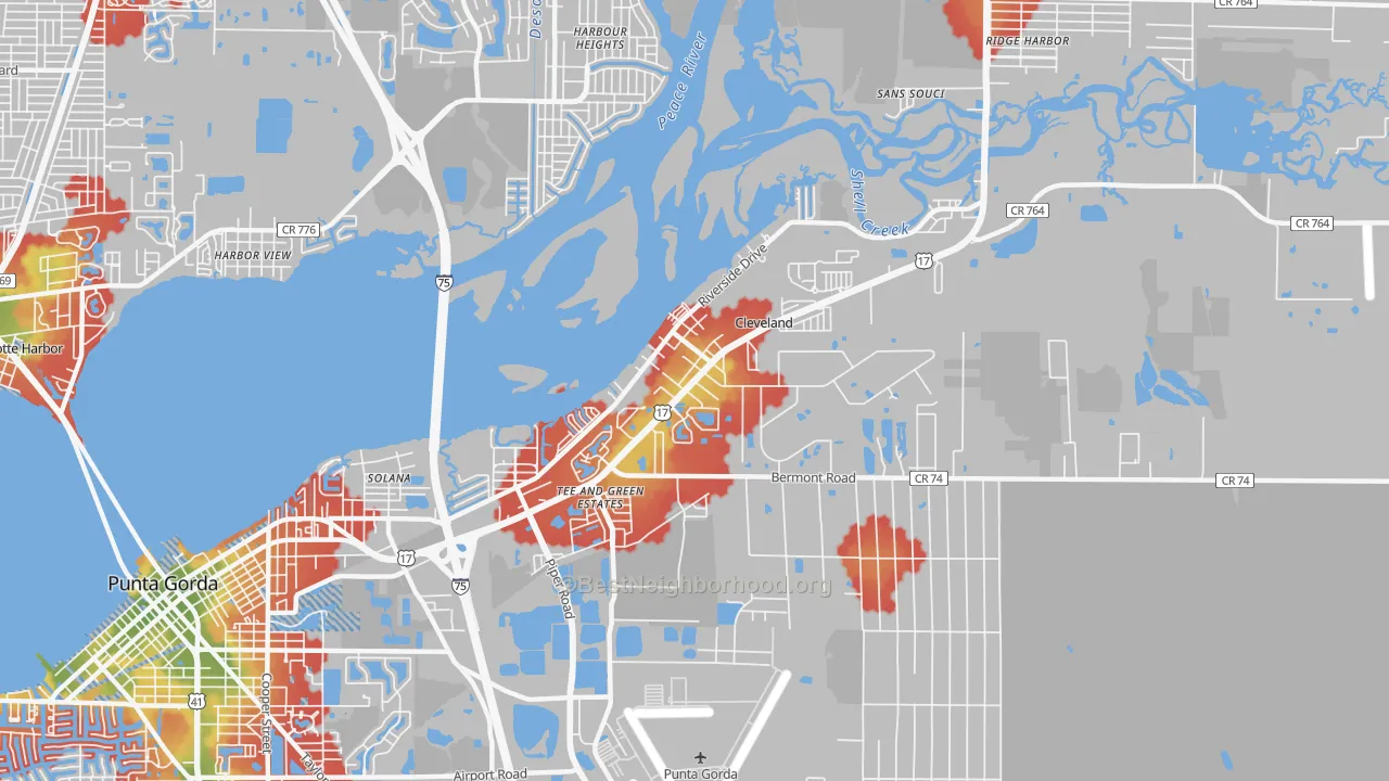 Walk Grade map of Cleveland, FL, walkable areas in green and car-dependent areas in red