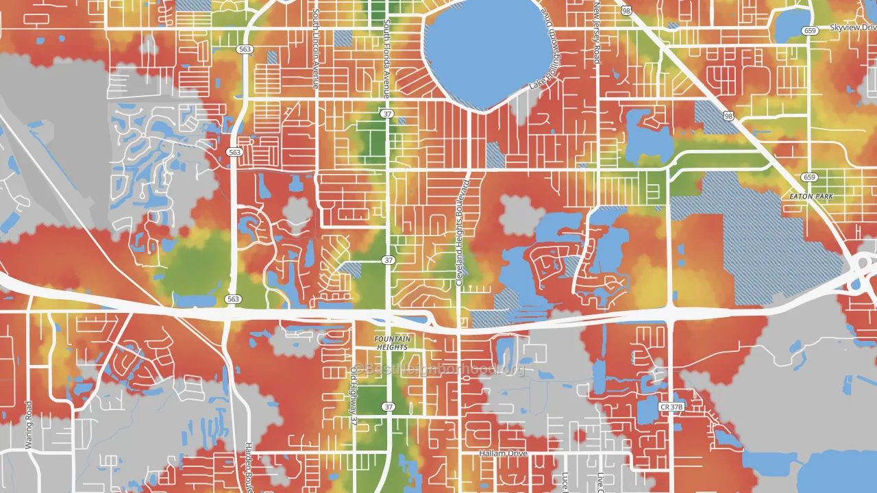 Walk Grade map of Cleveland Heights, Lakeland, FL, walkable areas in green and car-dependent areas in red