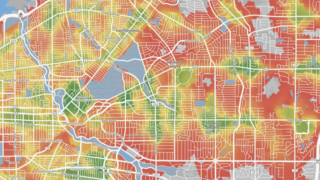 Walk Grade map of Cleveland Heights, OH, walkable areas in green and car-dependent areas in red