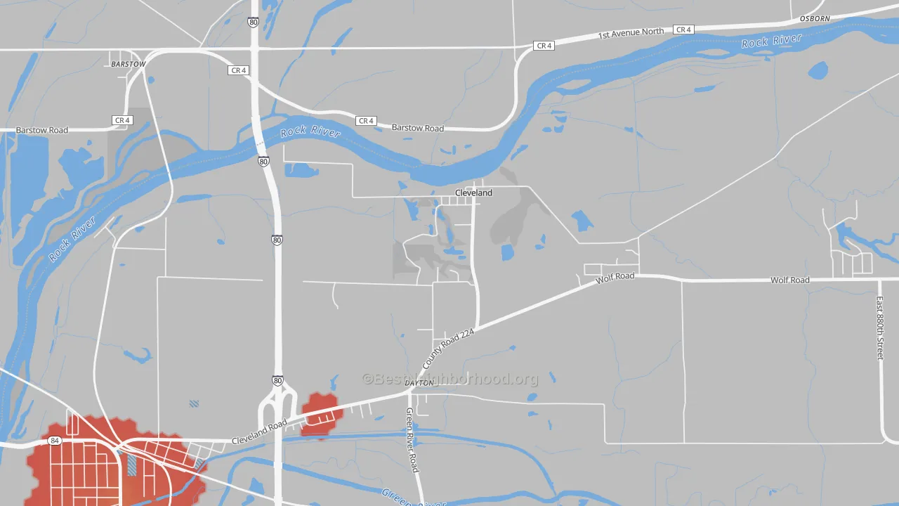 Walk Grade map of Cleveland, IL, walkable areas in green and car-dependent areas in red