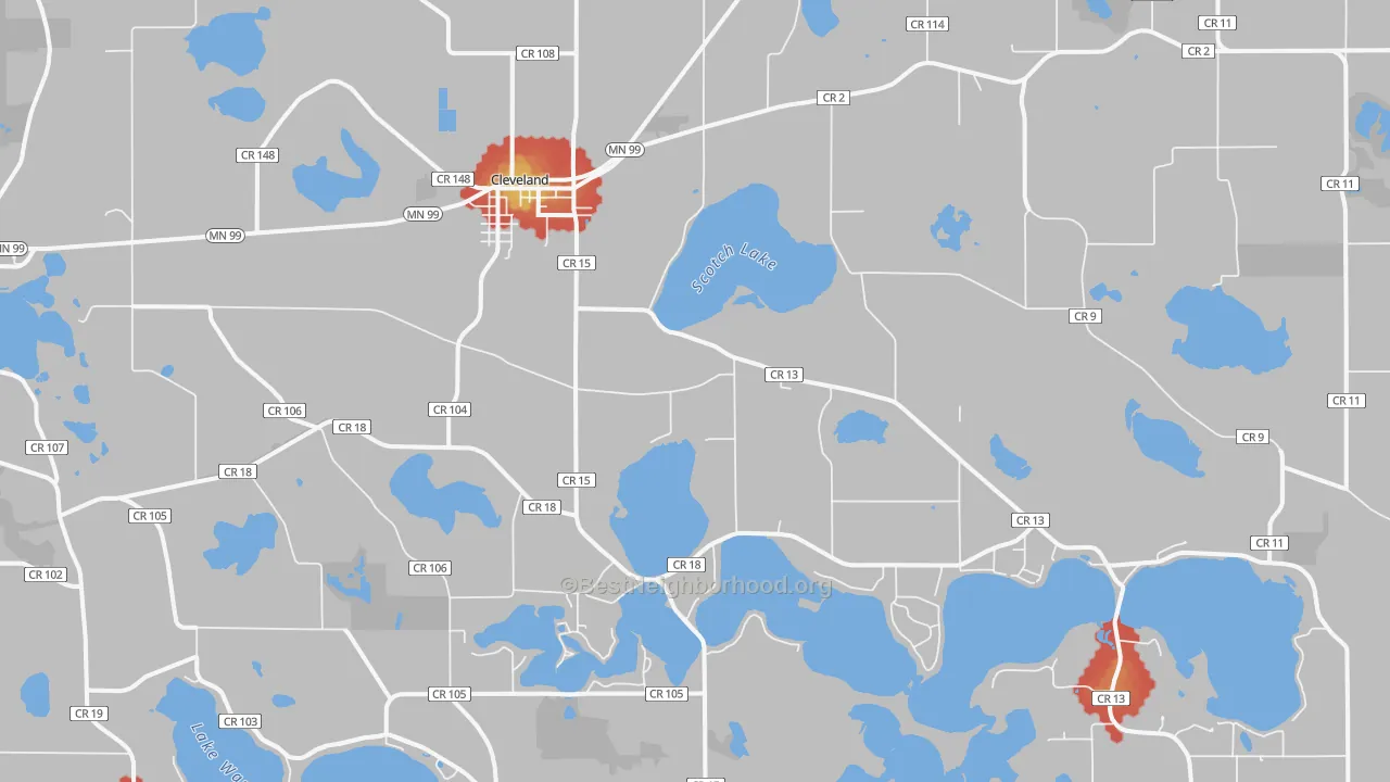 Walk Grade map of Cleveland, MN, walkable areas in green and car-dependent areas in red