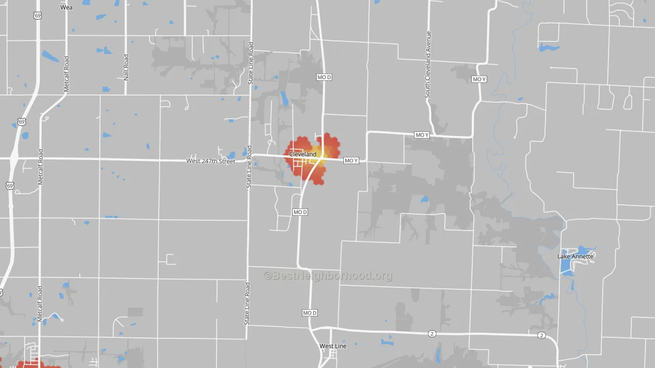 Walk Grade map of Cleveland, MO, walkable areas in green and car-dependent areas in red