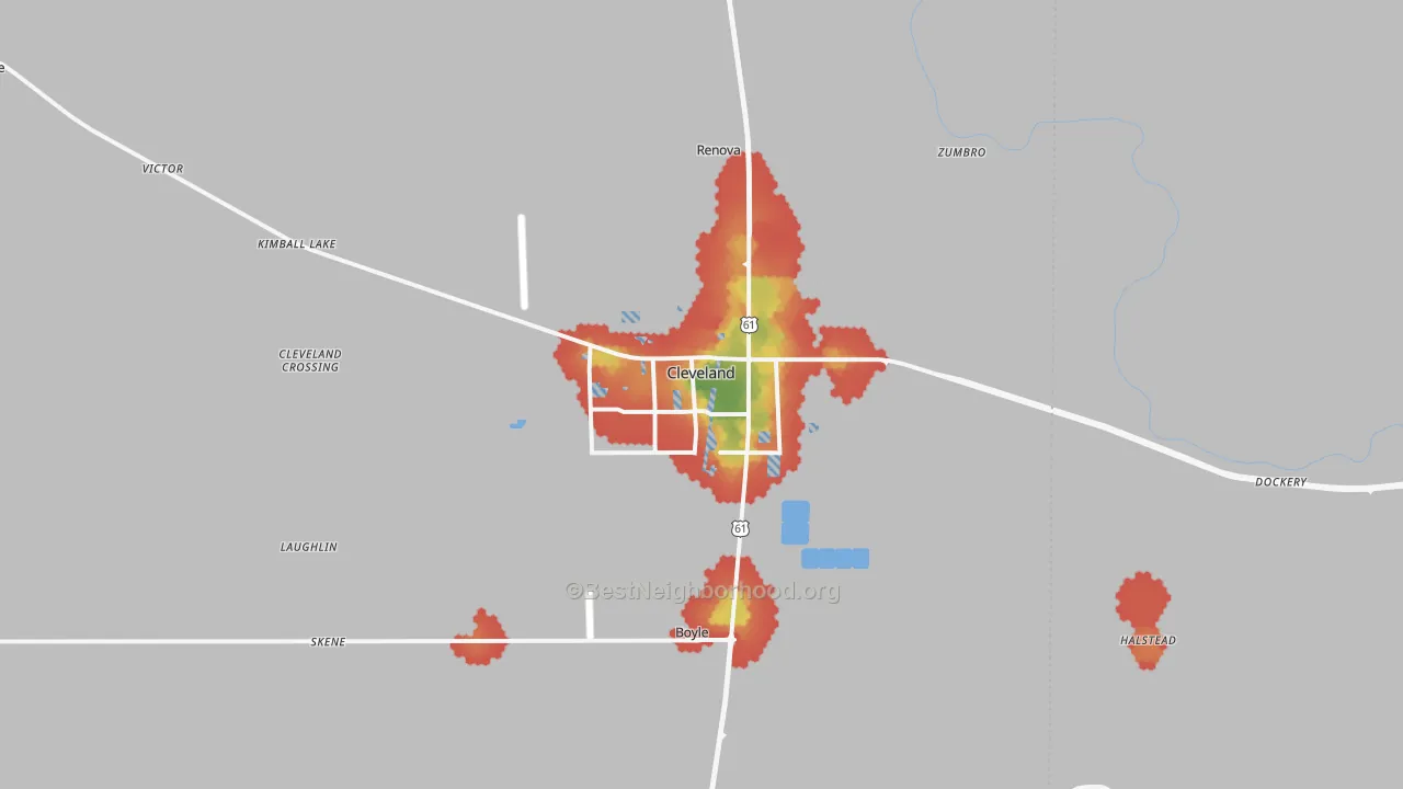 Walk Grade map of Cleveland, MS, walkable areas in green and car-dependent areas in red