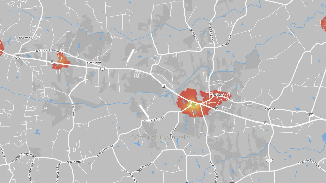 Walk Grade map of Cleveland, NC, walkable areas in green and car-dependent areas in red