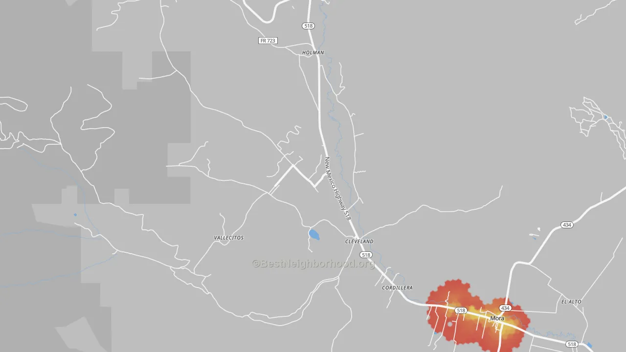 Walk Grade map of Cleveland, NM, walkable areas in green and car-dependent areas in red