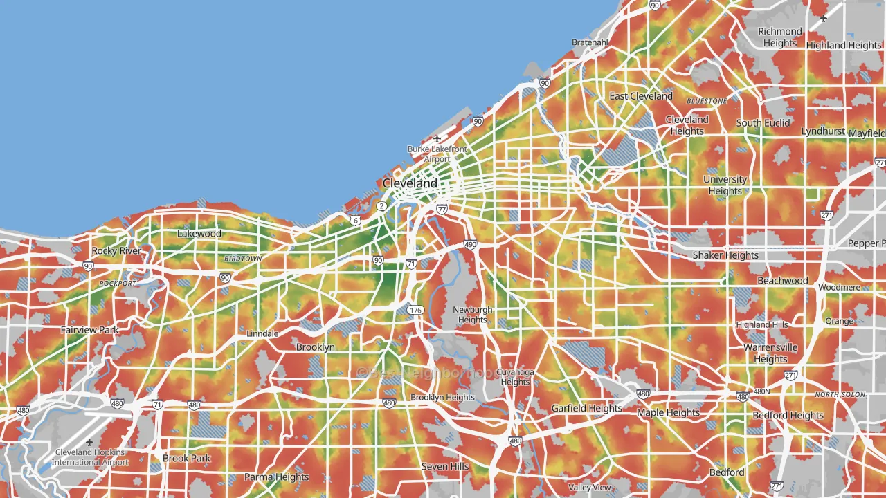Walk Grade map of Cleveland, OH, walkable areas in green and car-dependent areas in red
