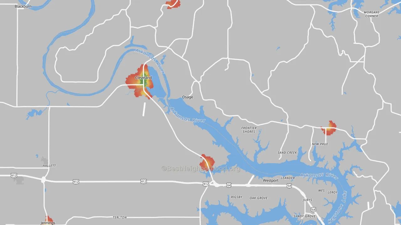 Walk Grade map of Cleveland, OK, walkable areas in green and car-dependent areas in red