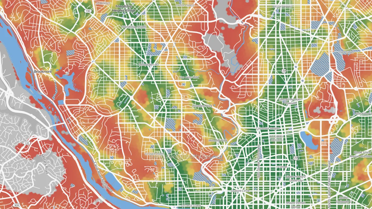 Walk Grade map of Cleveland Park, Washington, DC, walkable areas in green and car-dependent areas in red