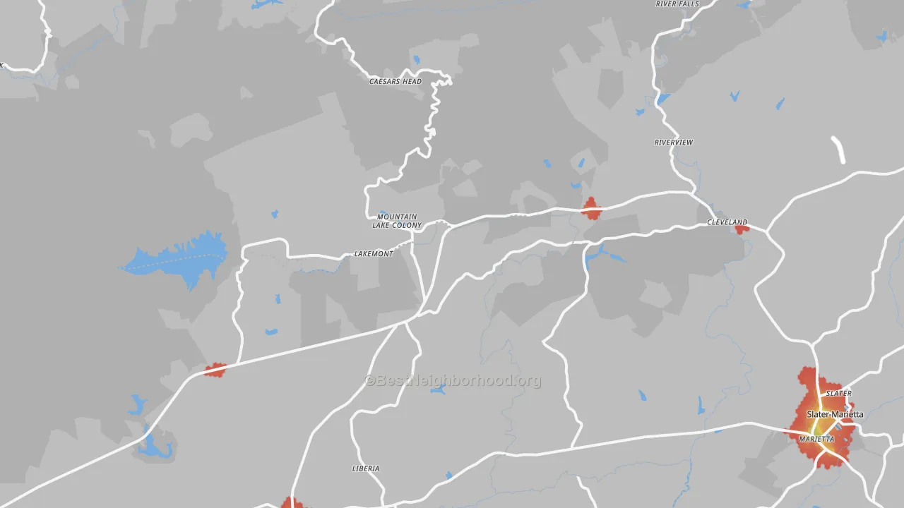 Walk Grade map of Cleveland, SC, walkable areas in green and car-dependent areas in red