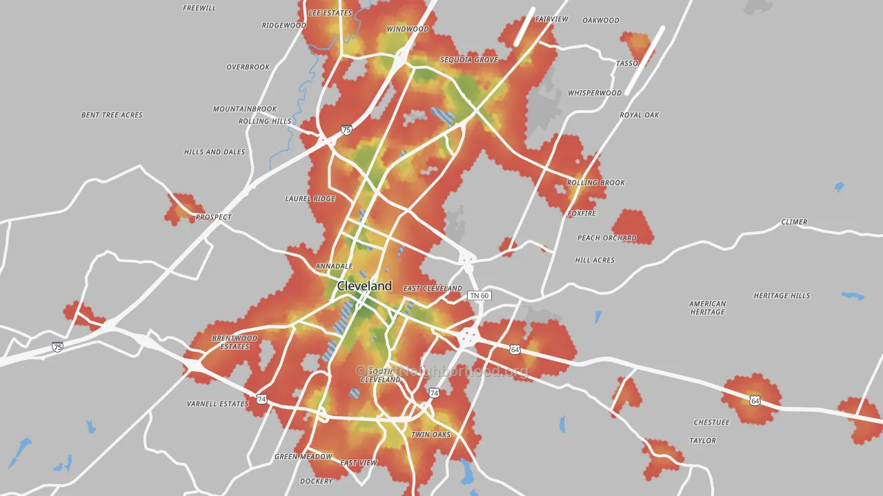 Walk Grade map of Cleveland, TN, walkable areas in green and car-dependent areas in red