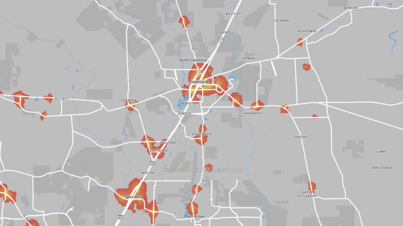Walk Grade map of Cleveland, TX, walkable areas in green and car-dependent areas in red