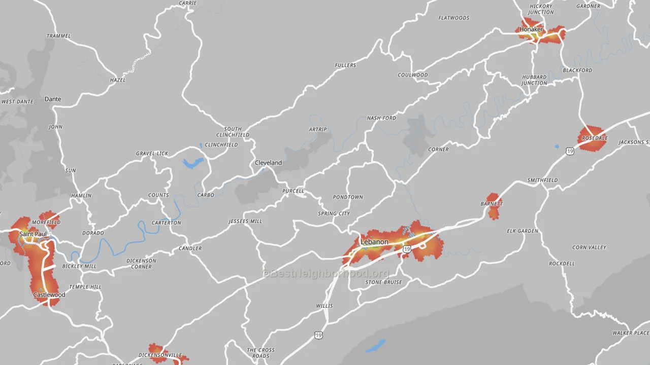 Walk Grade map of Cleveland, VA, walkable areas in green and car-dependent areas in red