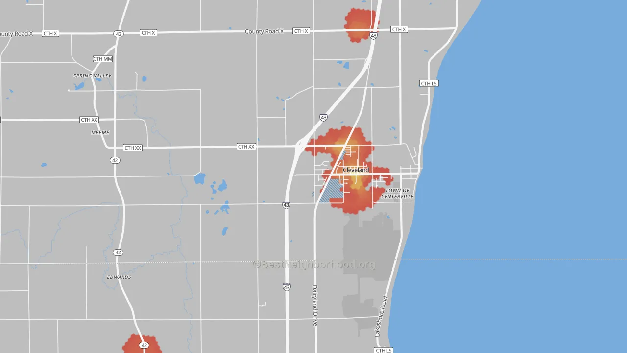Walk Grade map of Cleveland, WI, walkable areas in green and car-dependent areas in red
