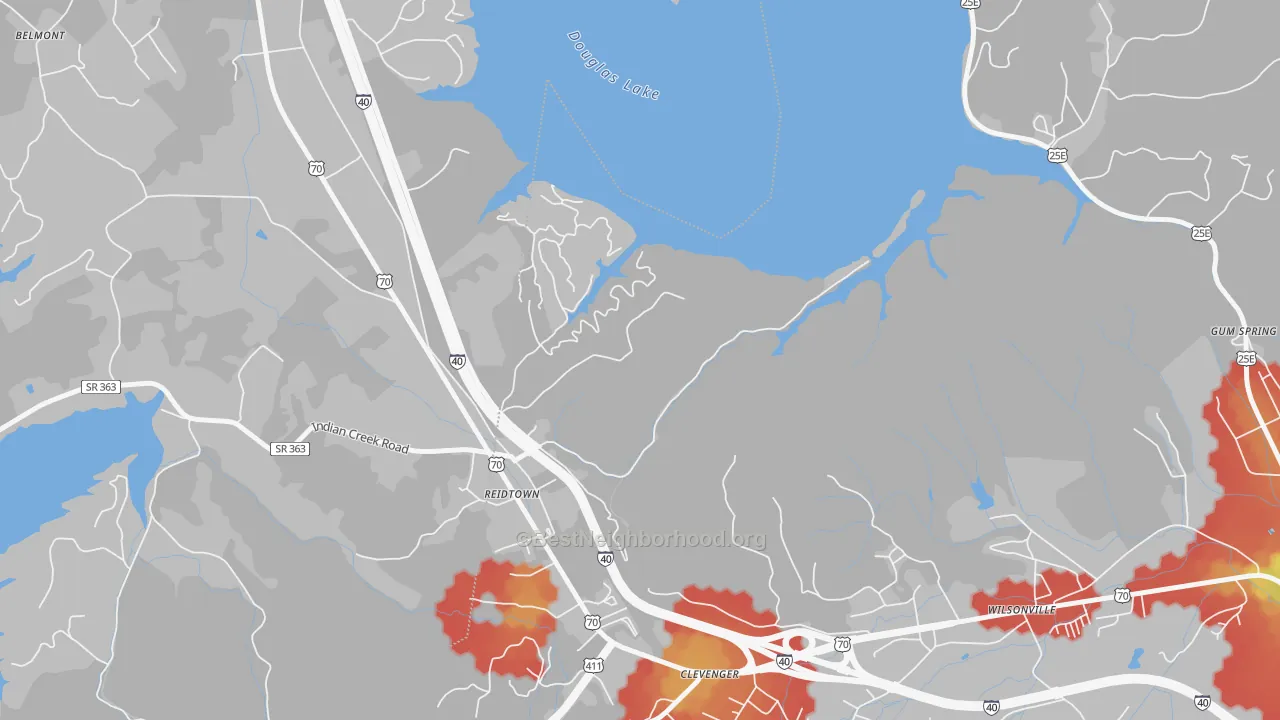 Walk Grade map of Clevenger, TN, walkable areas in green and car-dependent areas in red
