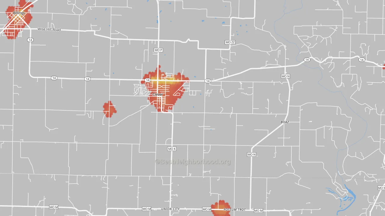 Walk Grade map of Clever, MO, walkable areas in green and car-dependent areas in red